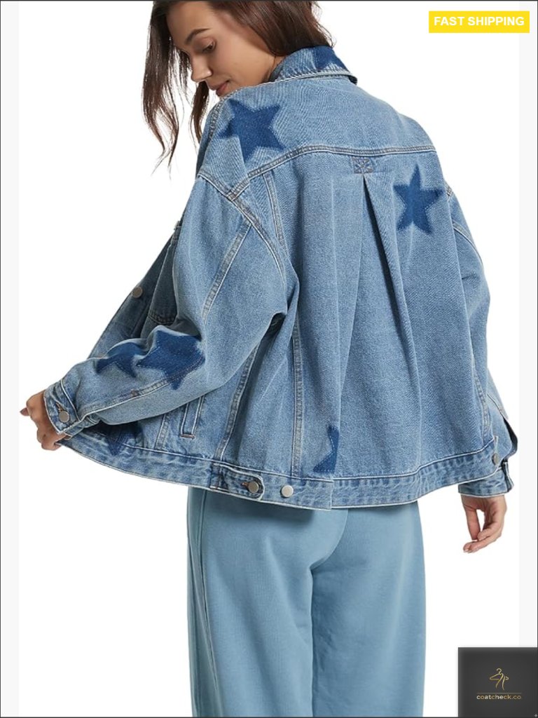 Oversized Denim Jacket Vintage Boyfriend Style Leopard Stars Printed Button
